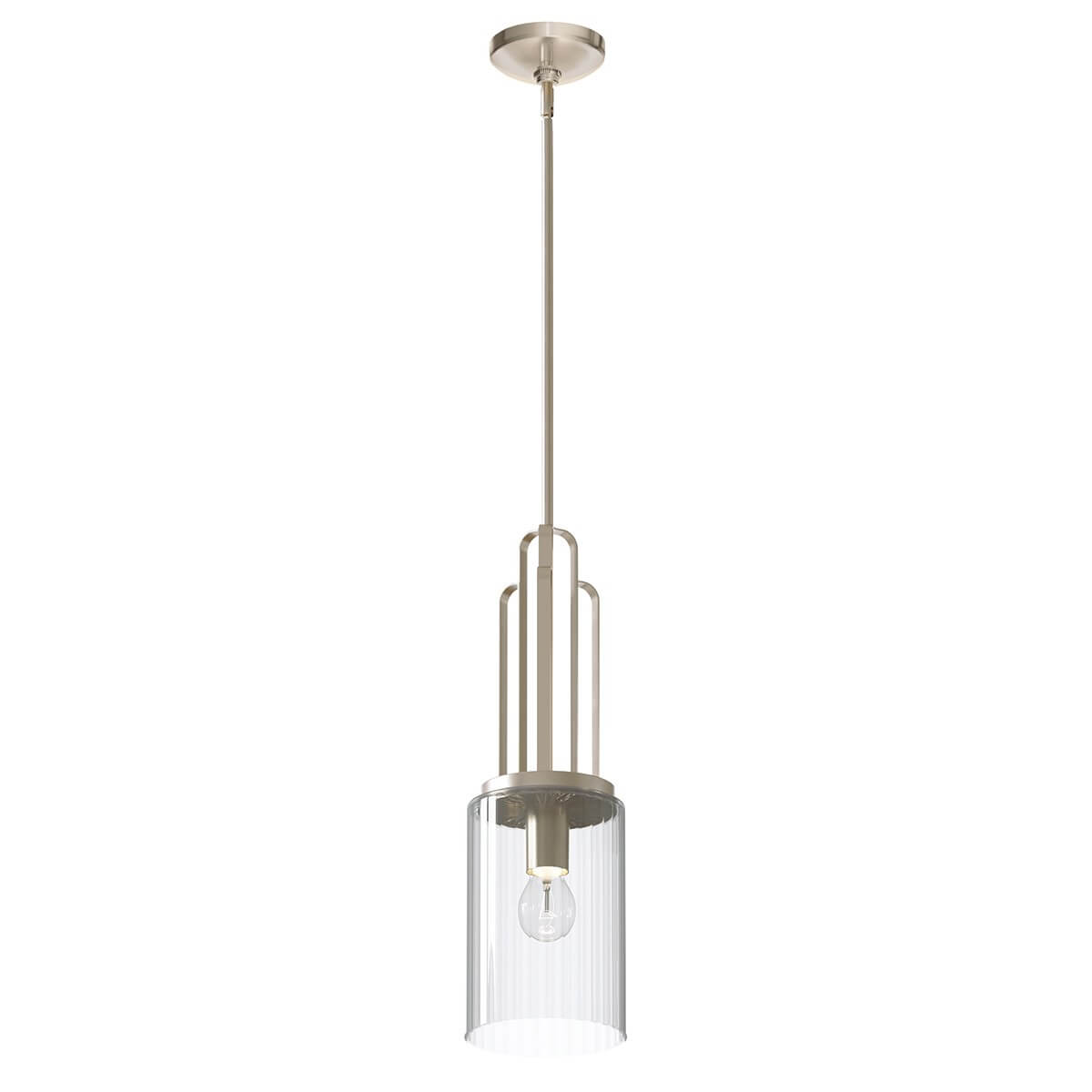 Suspension complète sur fond blanc, verre cylindrique strié et structure métallique nickel poli.