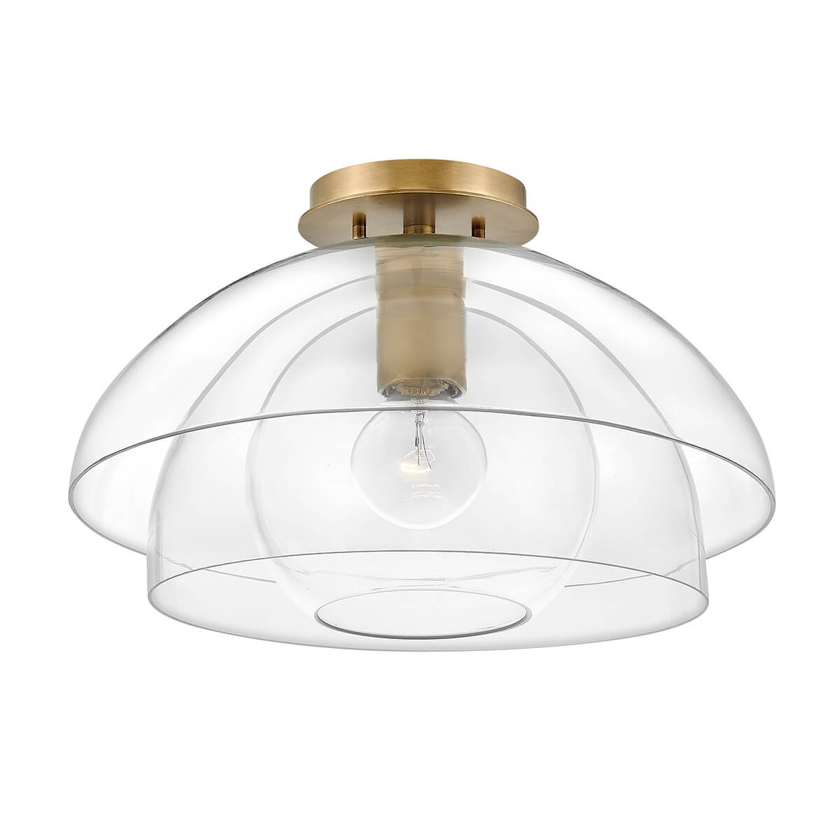 Version plafonnier sans tige, abat-jour bombé en verre transparent sur base laiton