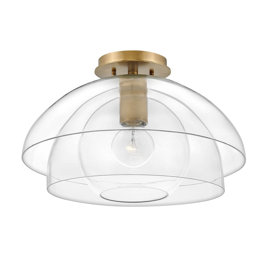 Version plafonnier sans tige, abat-jour bombé en verre transparent sur base laiton