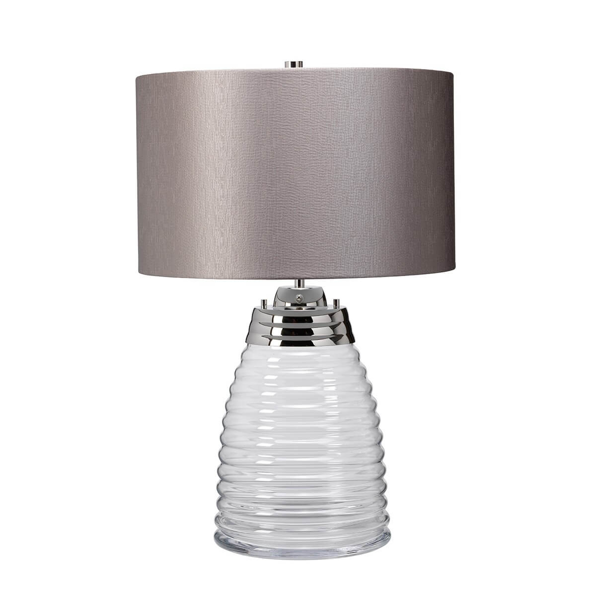 Vue de face du luminaire éteint, base en verre strié et collier nickel poli
