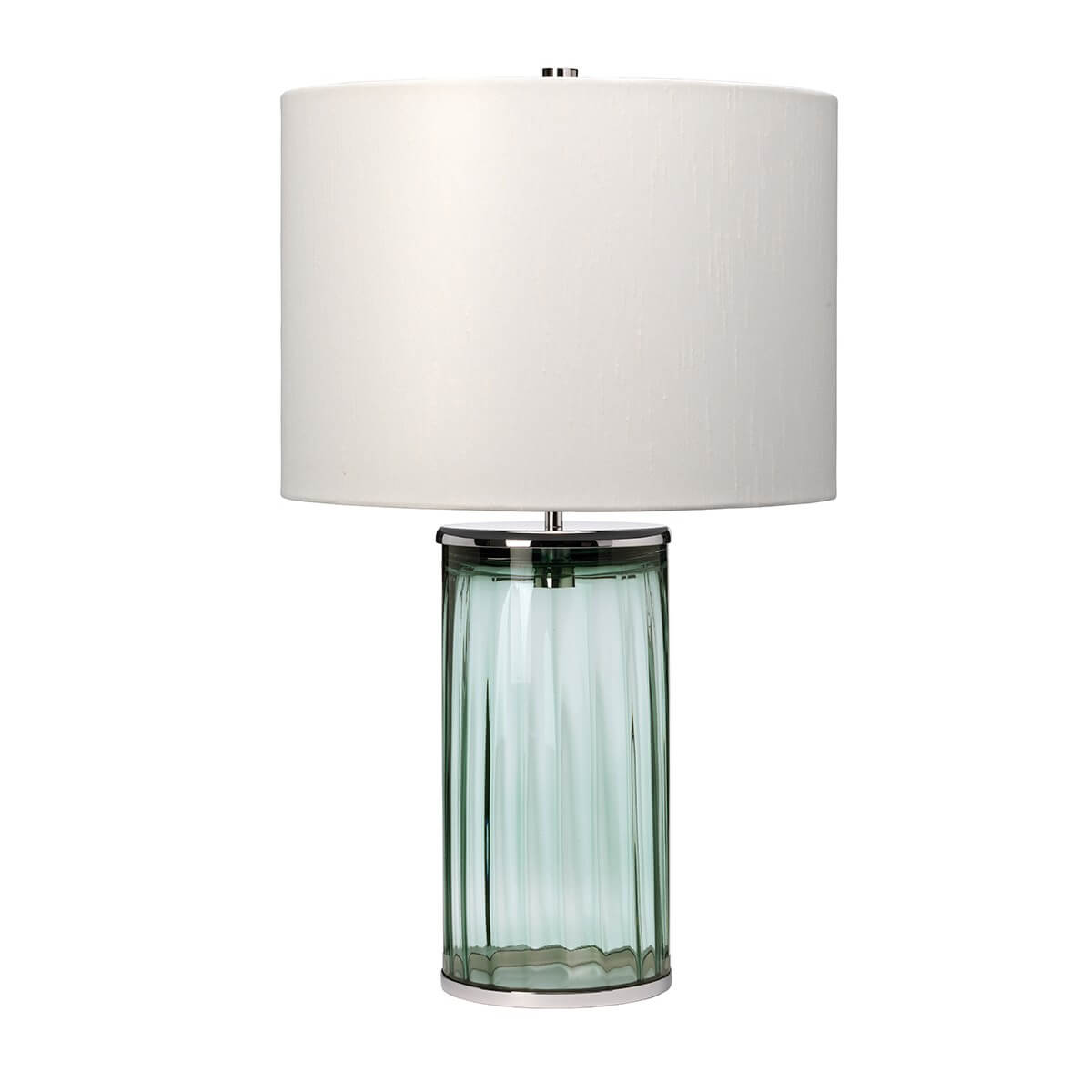 Vue de face de la lampe à poser, abat-jour blanc et base en verre vert.
