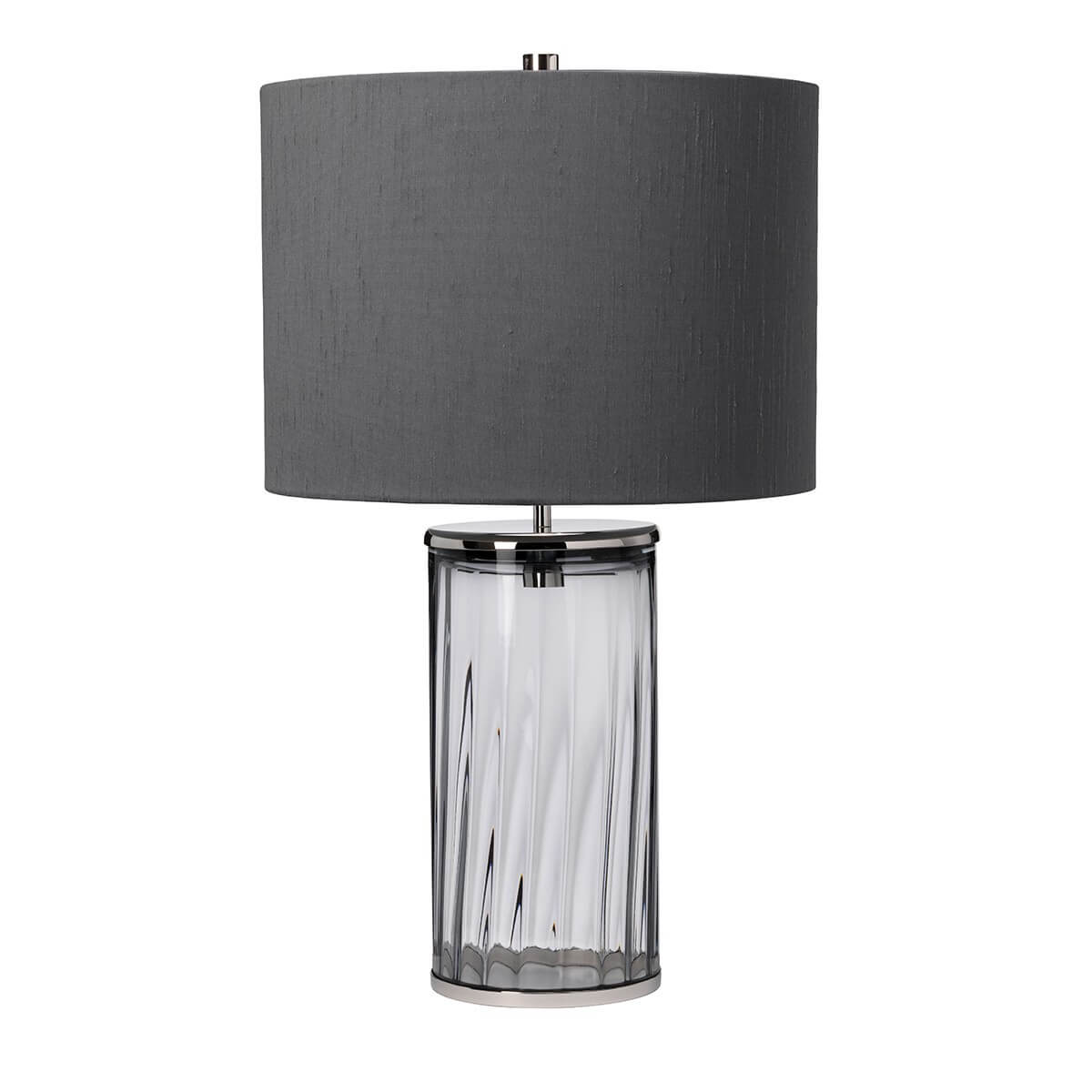 Lampe à poser de face, abat-jour gris anthracite et base cylindrique en verre cannelé