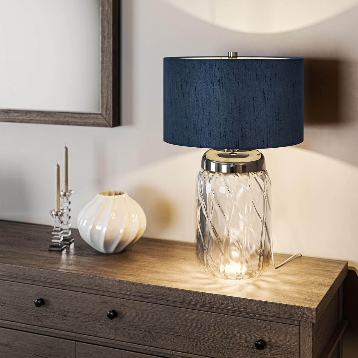 Lampe à poser Sola nickel poli et bleu, verre, H 67,5 cm