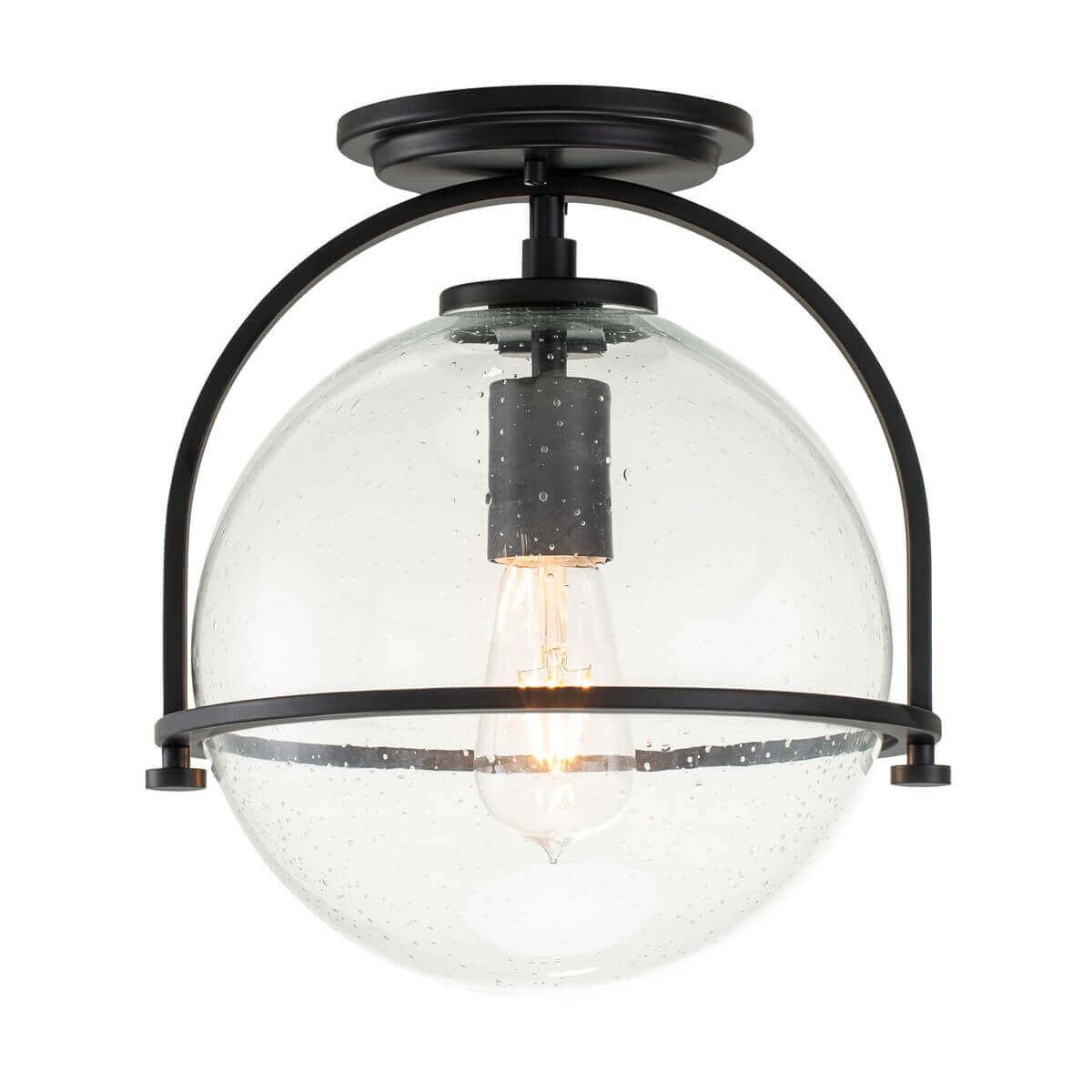 Plafonnier noir vu de face, sphère en verre transparent bullé et ampoule apparente