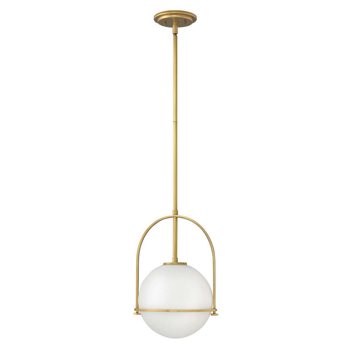 Suspension vue de face, tige en laiton et globe de verre opale