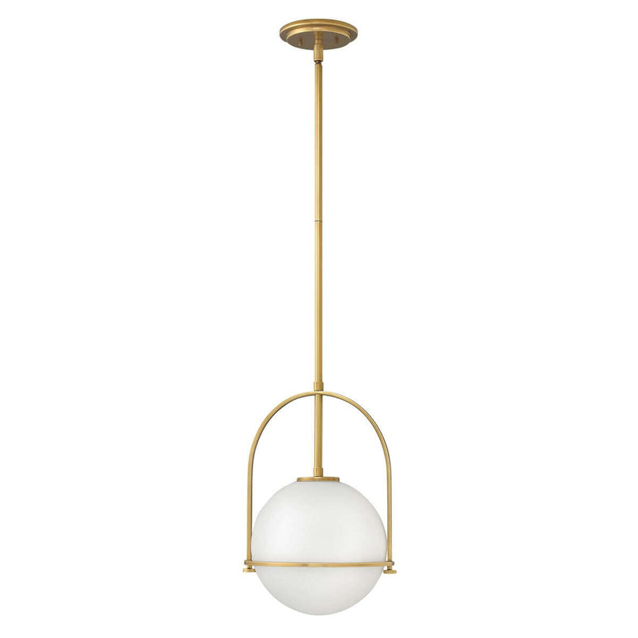 Suspension vue de face, tige en laiton et globe de verre opale