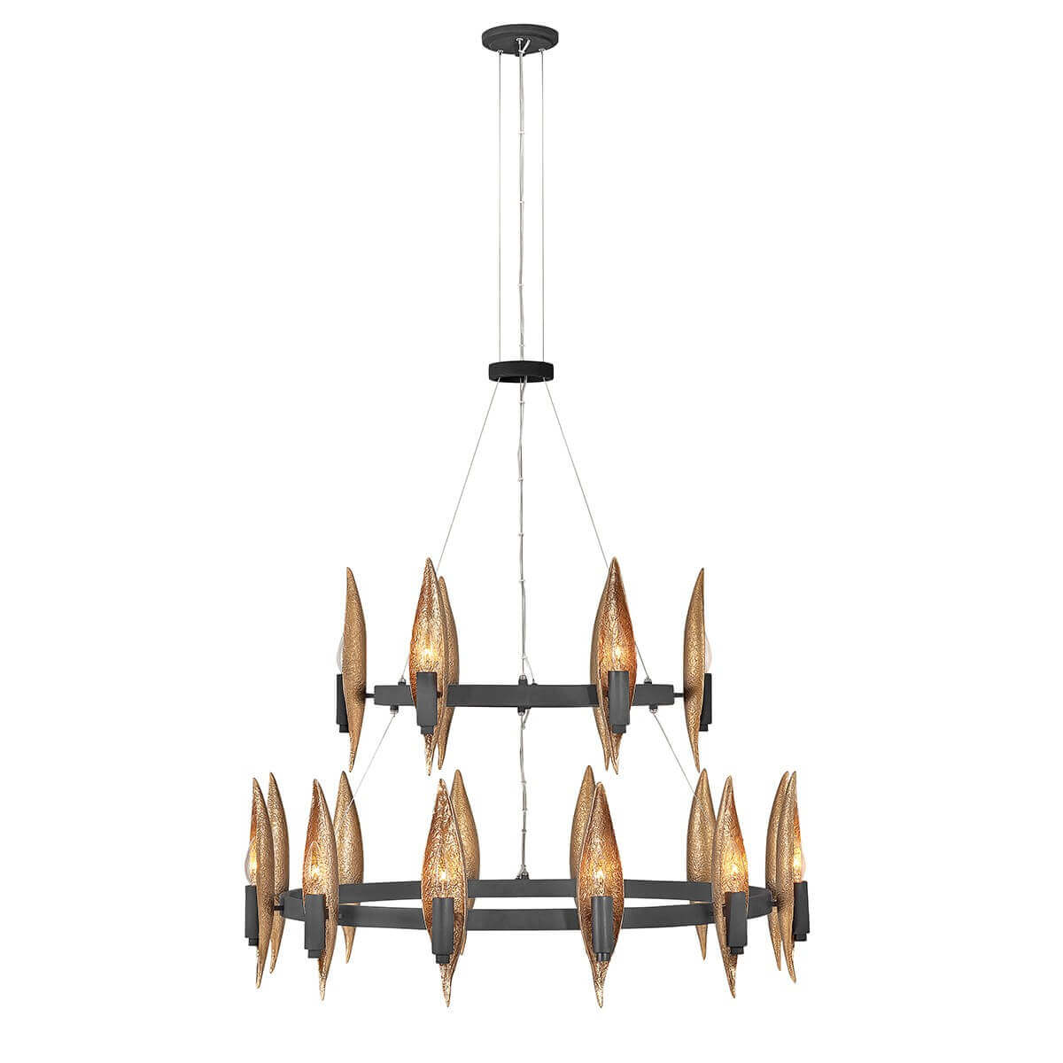 Vue d'ensemble du lustre à deux niveaux, structure noire et feuilles dorées