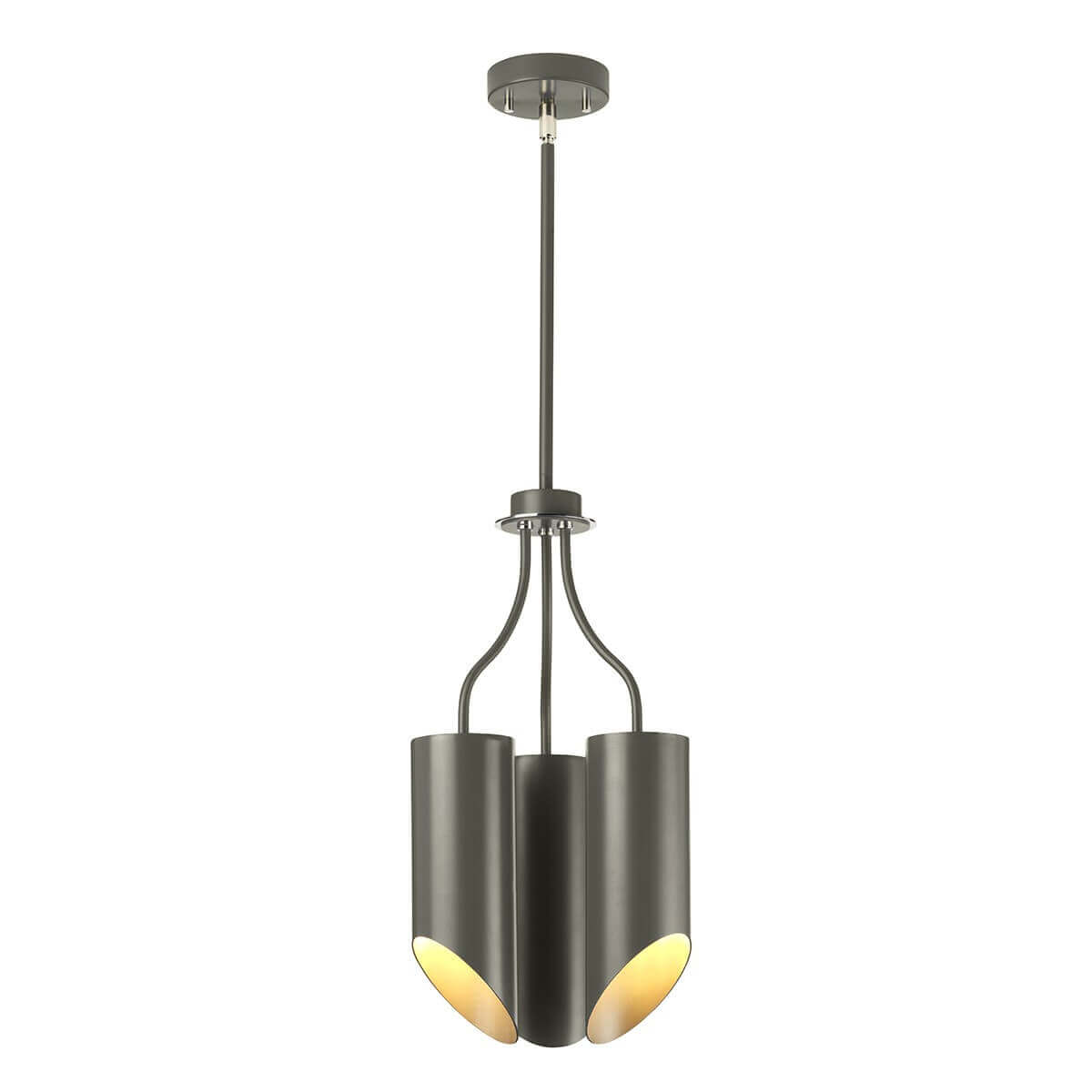 Vue de face du luminaire suspendu avec trois abat-jours cylindriques gris foncé