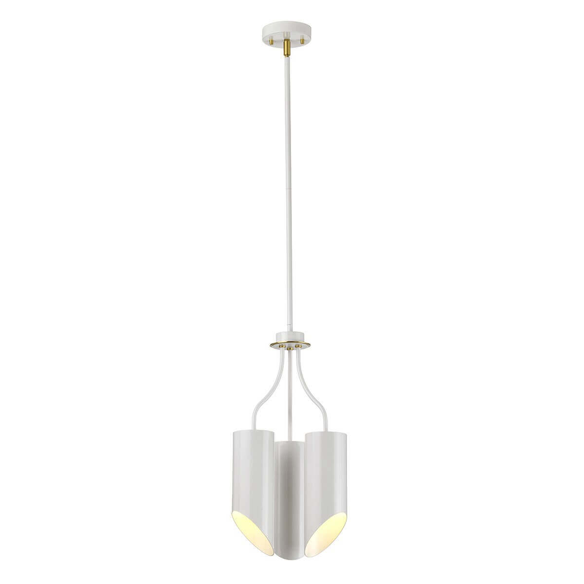Lustre suspension blanc vu de face avec ses trois abat-jours cylindriques et détails laiton