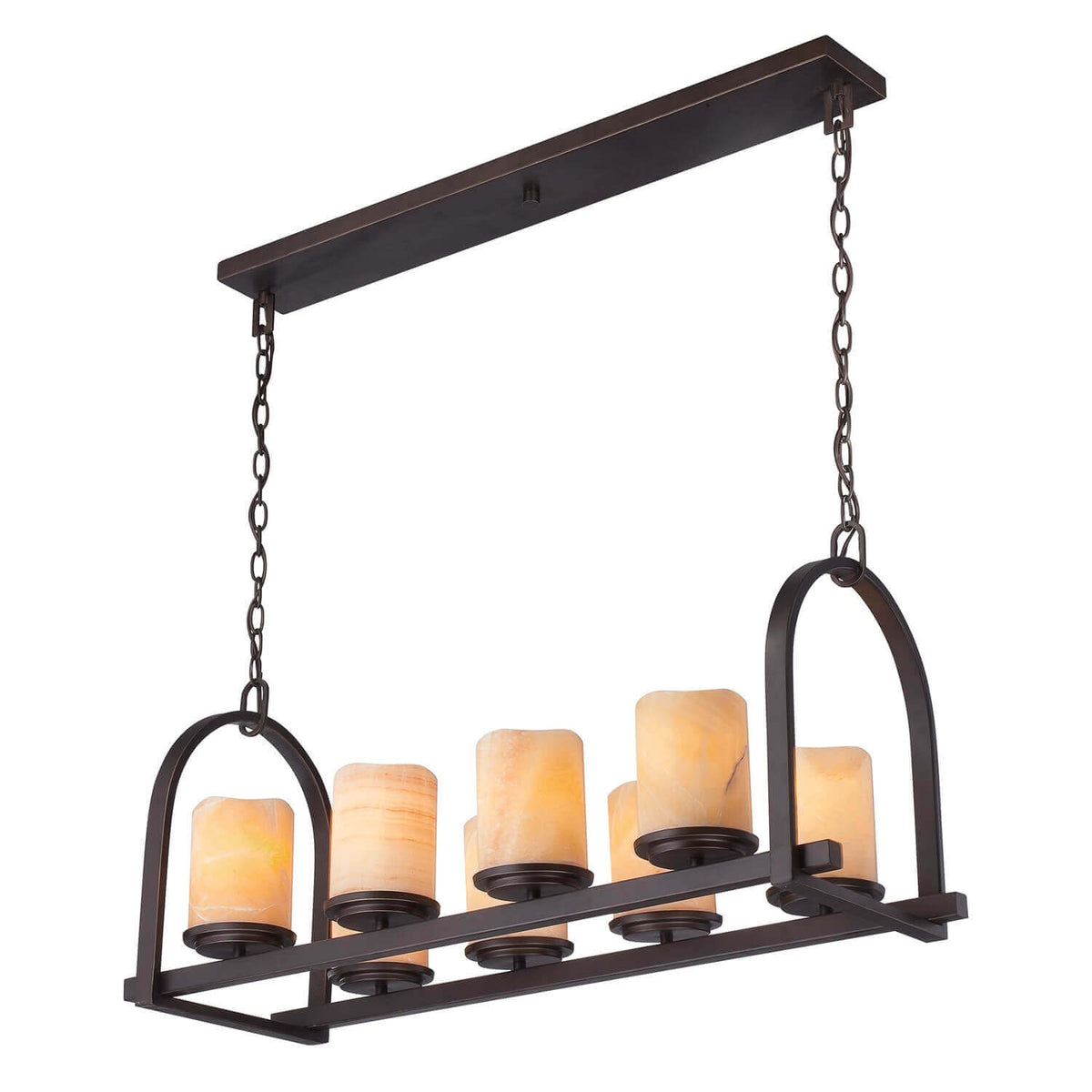 Suspension rectangulaire en métal bronze avec huit diffuseurs cylindriques en albâtre allumés