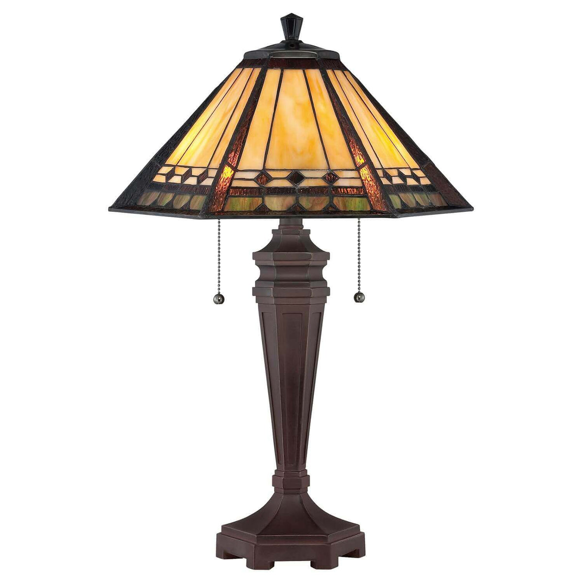 Lampe à poser vue de face, abat-jour conique en verre Tiffany et pied bronze
