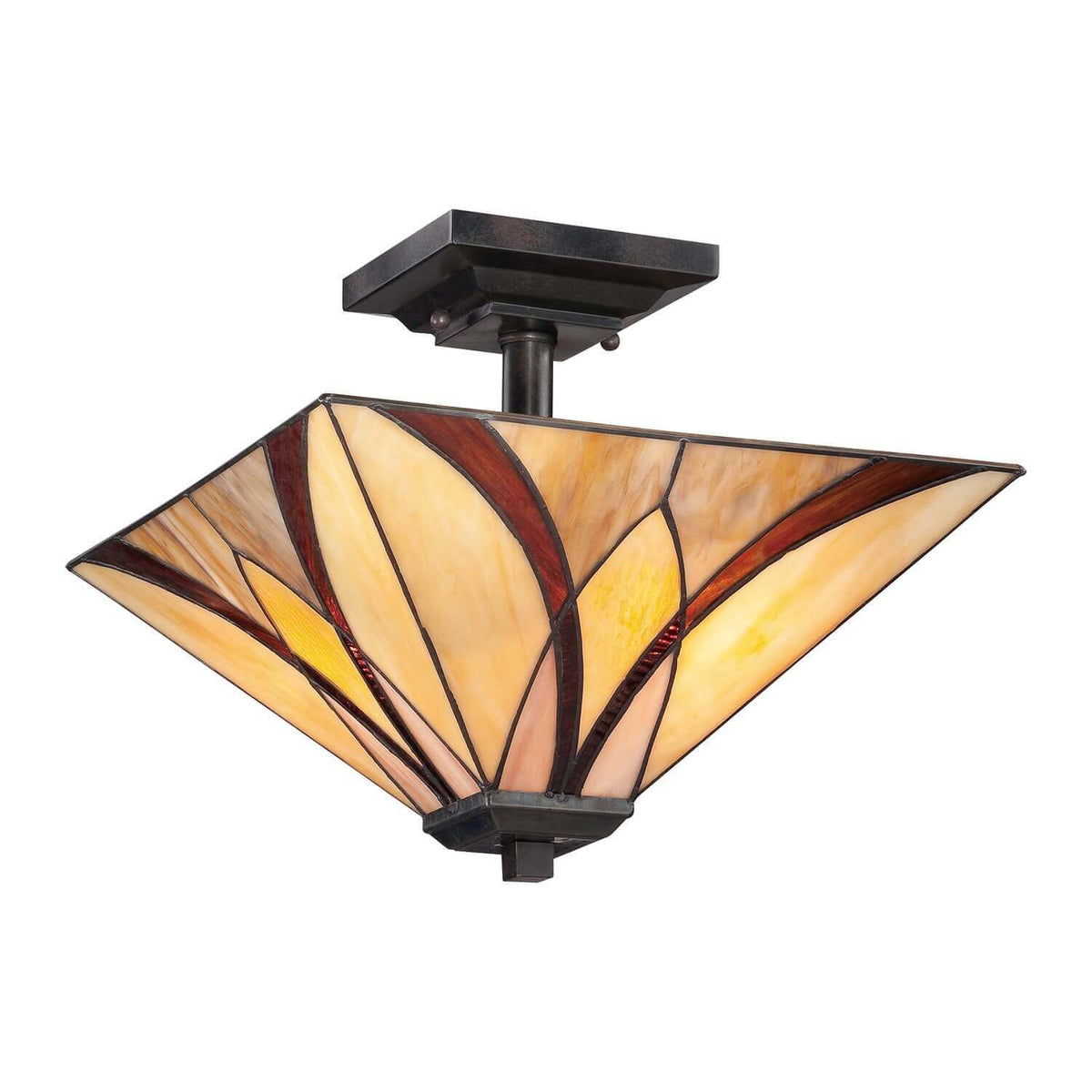 Plafonnier carré en verre tiffany ambré et bronze, vu de face sur fond blanc