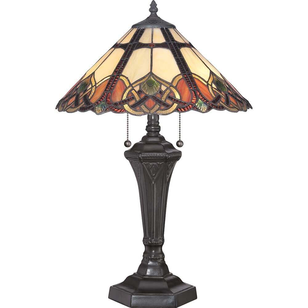 Lampe à poser complète, abat-jour conique en verre coloré et pied bronze sculpté.