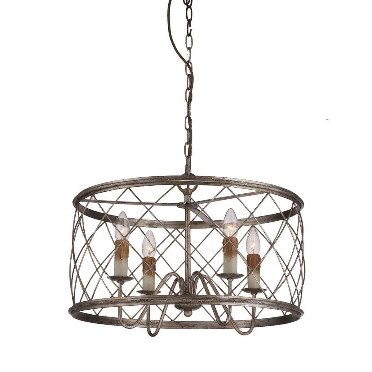 Vue de face du luminaire suspendu : cage cylindrique ajourée et quatre ampoules allumées