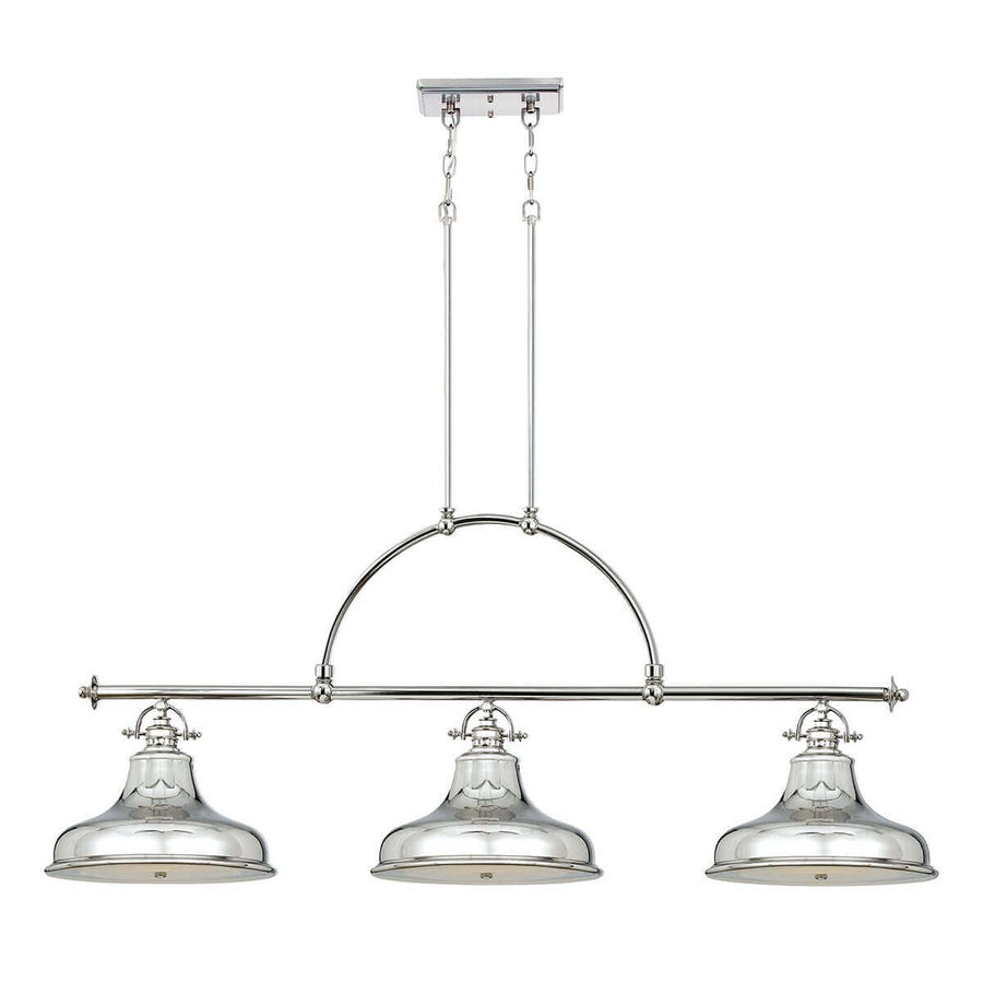 Suspension trois lumières chromée vue de face sur fond blanc, verre et métal poli