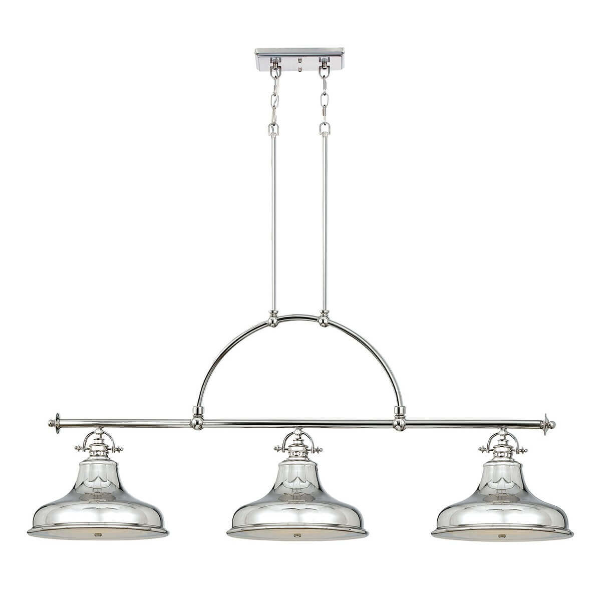 Suspension trois lumières chromée vue de face sur fond blanc, verre et métal poli