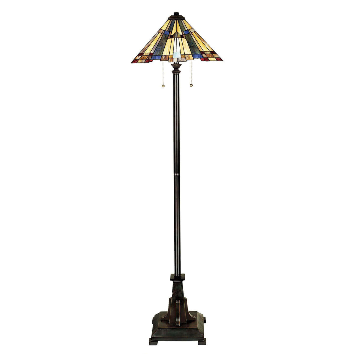 Lampadaire entier de face avec abat-jour en verre Tiffany et base en bronze foncé.