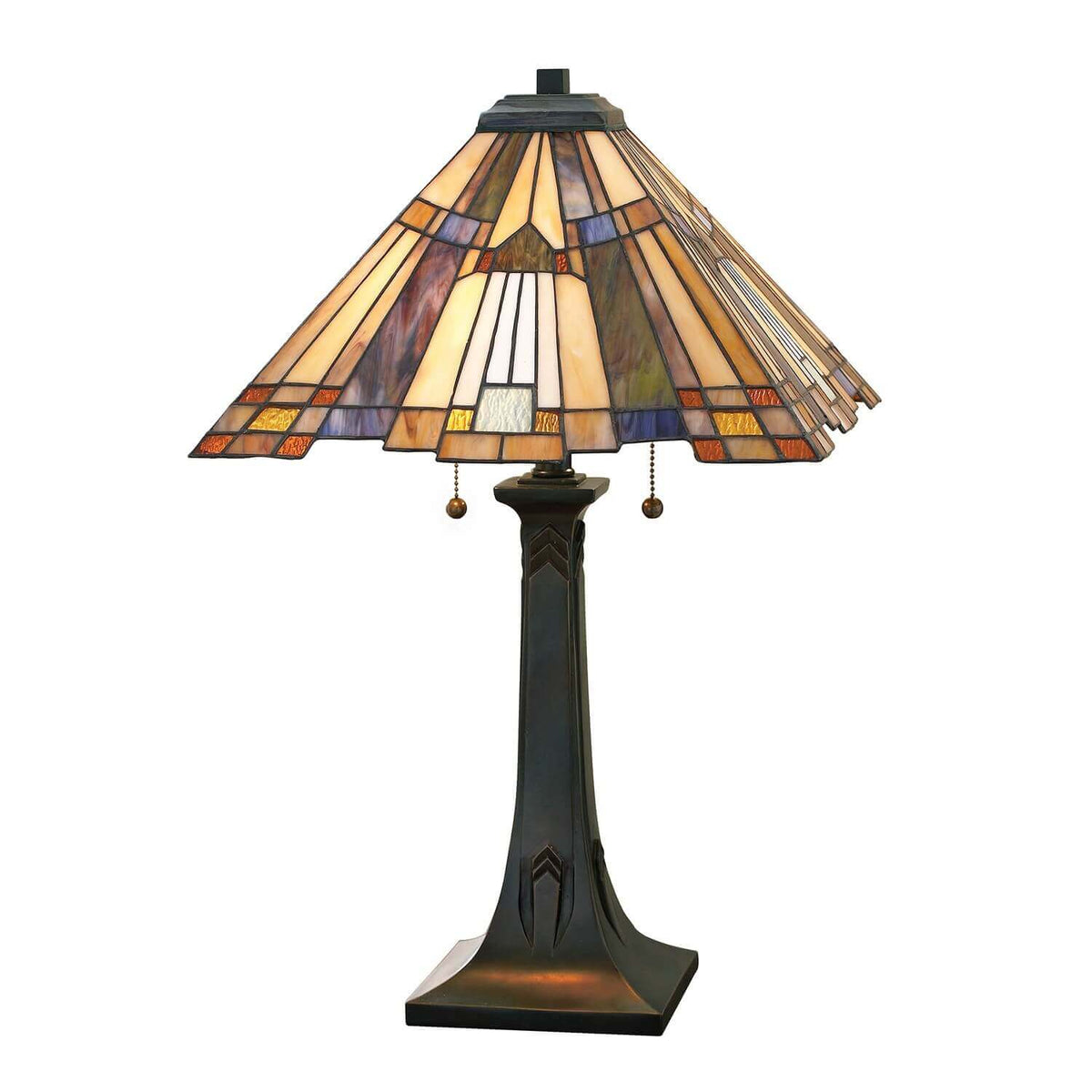 Lampe à poser en verre tiffany et bronze, vue de face sur fond blanc