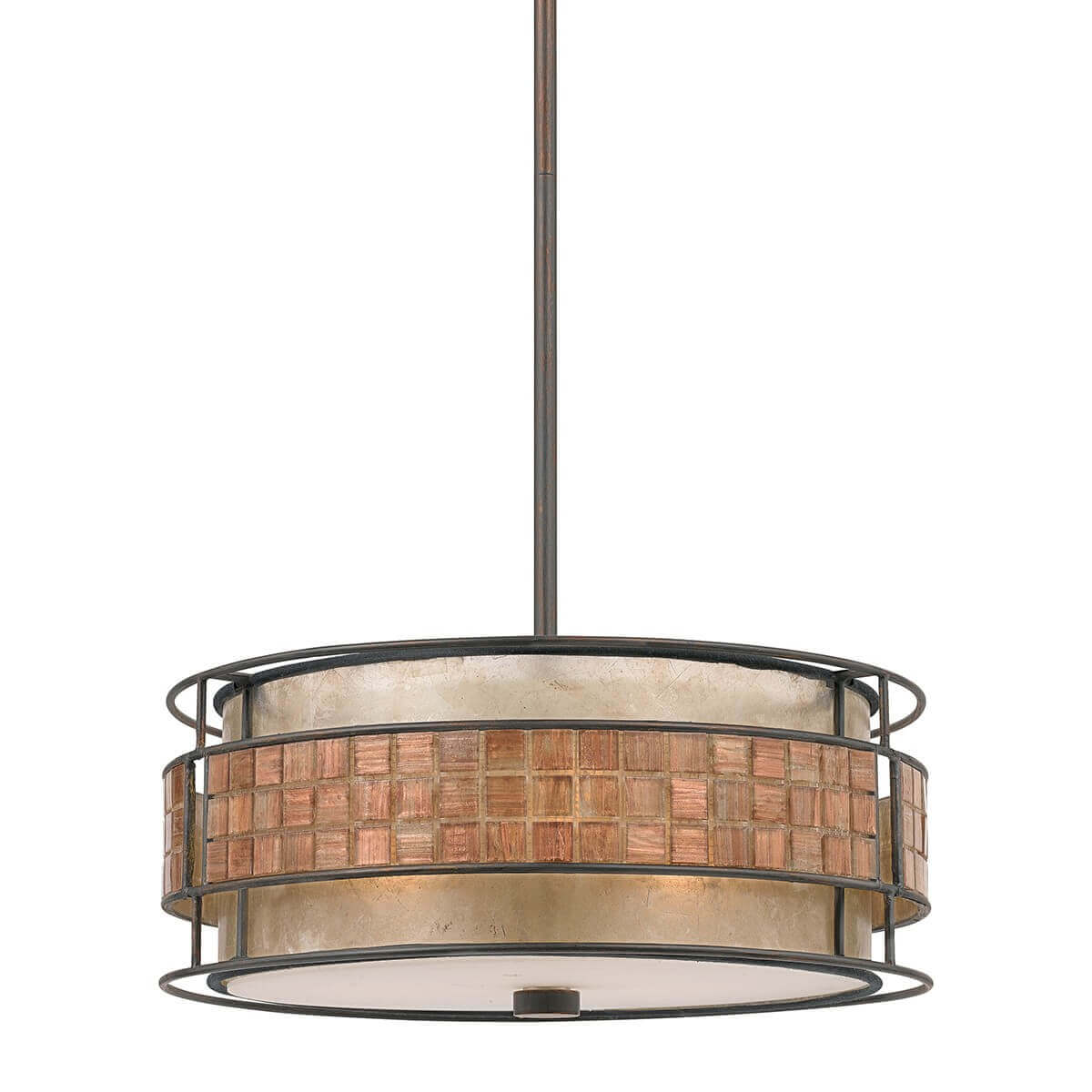 Suspension ronde de face sur fond blanc, verre et mosaïque cuivrée