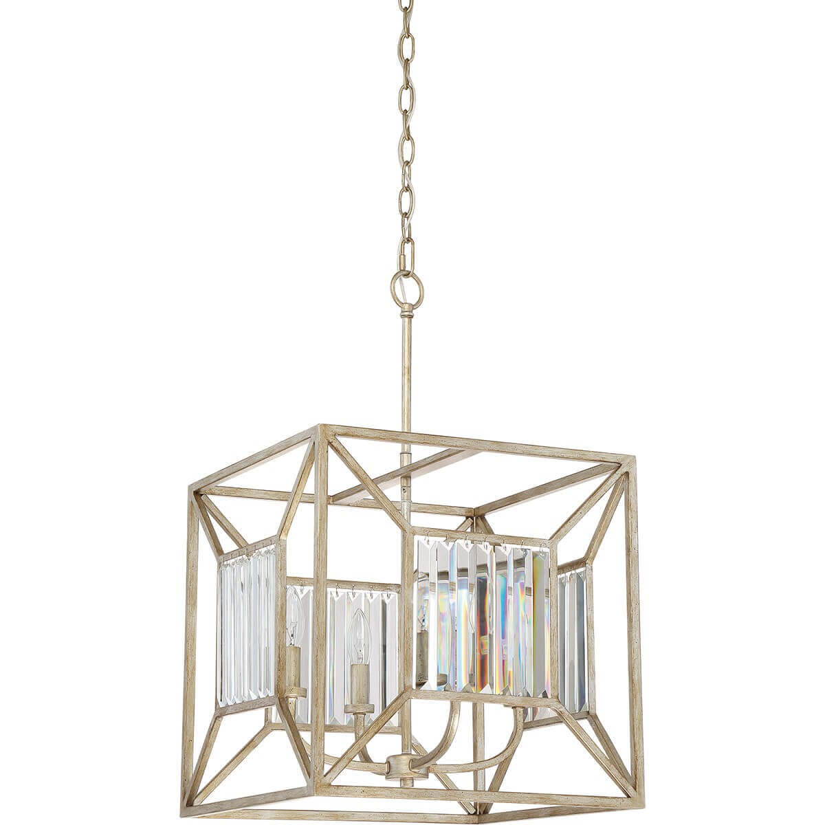 Détail des panneaux de cristal strié et des douilles apparentes dans la cage