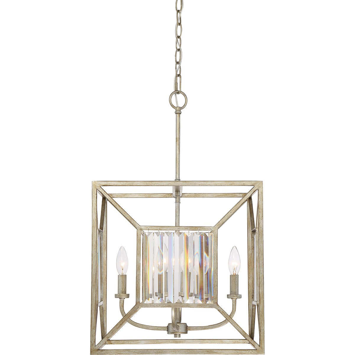 Vue de face du luminaire suspendu, cadre carré doré et quatre lumières visibles