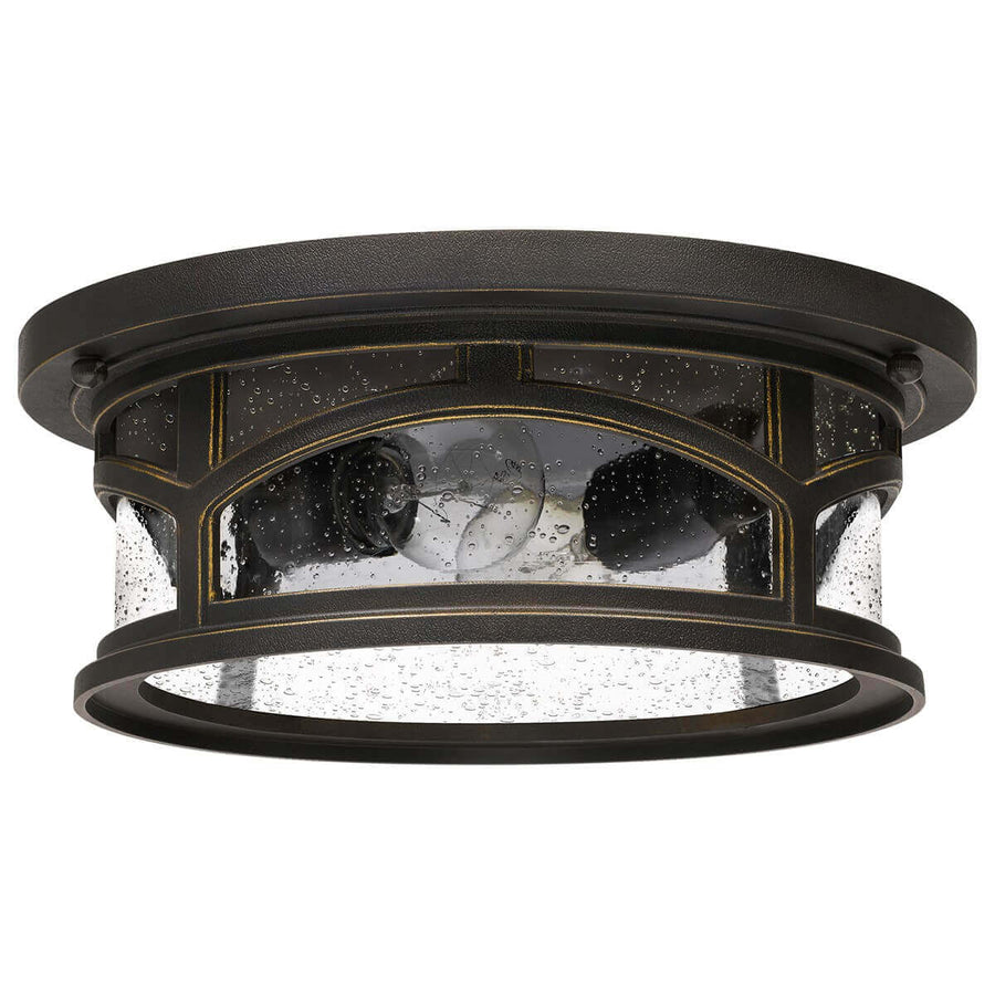 Vue légèrement inclinée du luminaire montrant sa structure circulaire et ses vitres.