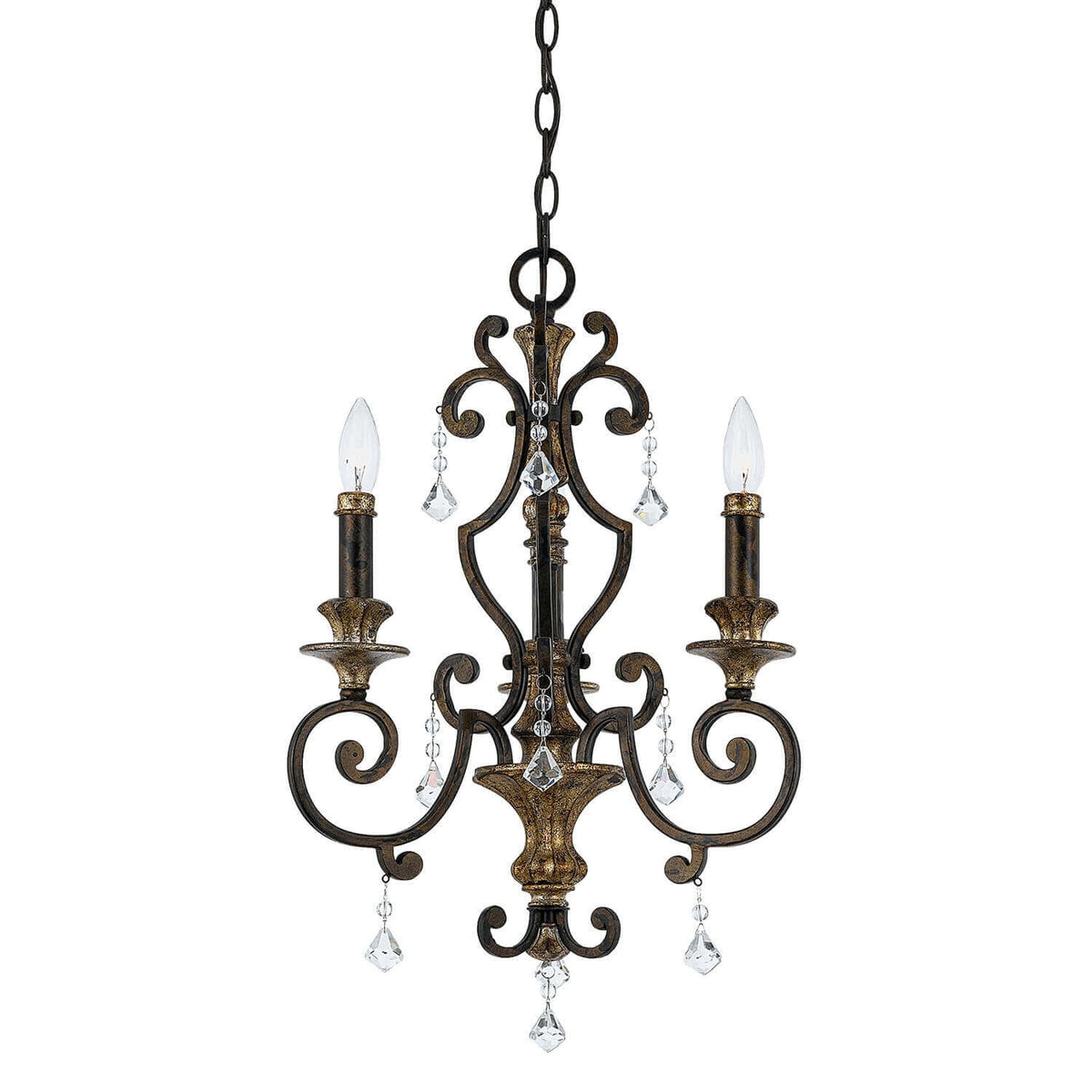 Lustre suspendu à trois bras en métal bronze et cristaux, vue de face sur fond blanc