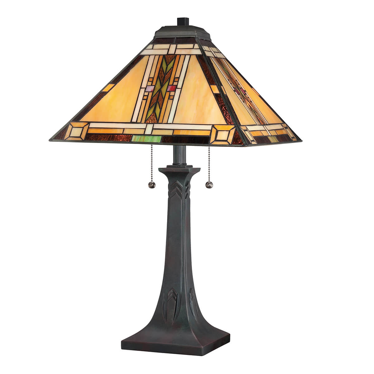 Lampe à poser vue de trois quarts, abat-jour conique en verre Tiffany et pied bronze