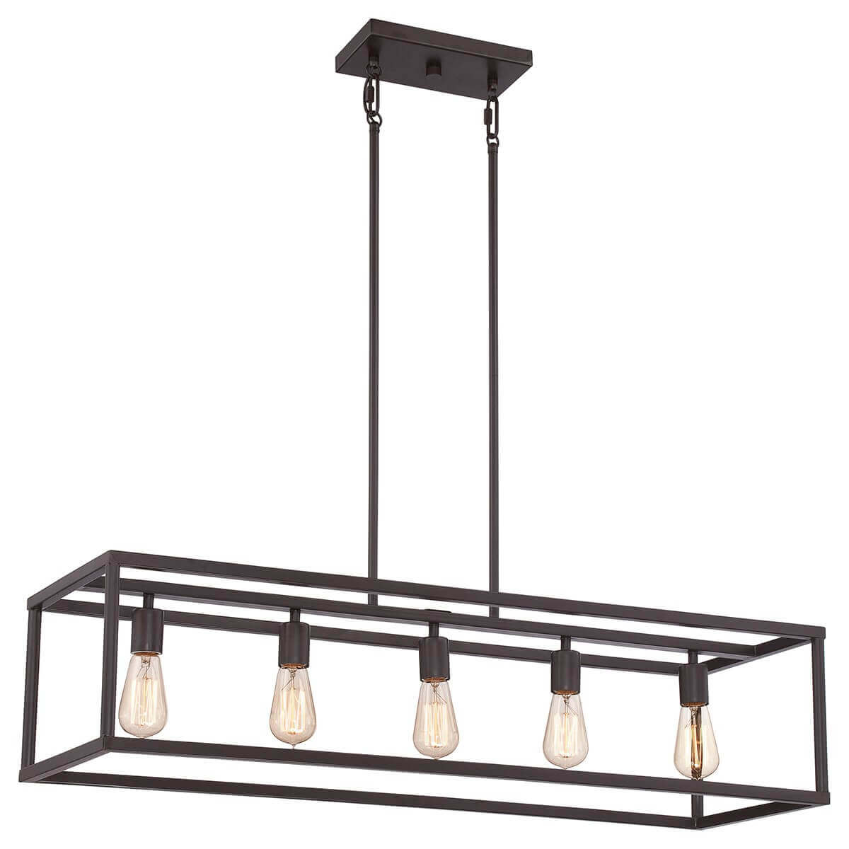 Lustre rectangulaire bronze à cinq ampoules, vue de face sur fond blanc