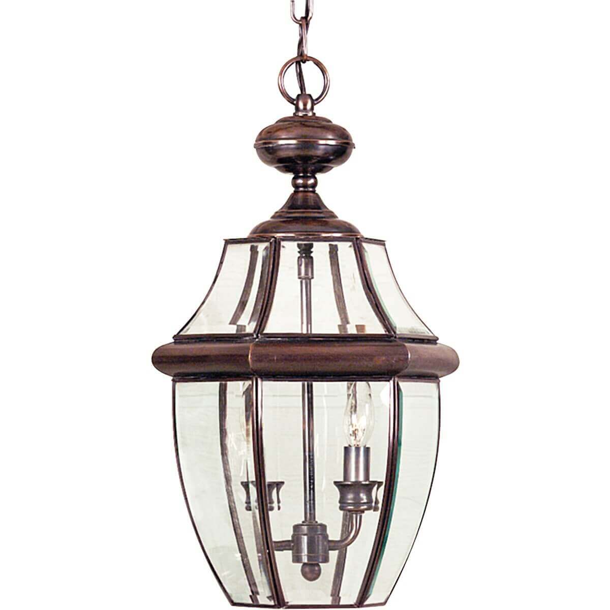 Suspension lanterne en cuivre et verre transparent, vue de face sur fond blanc