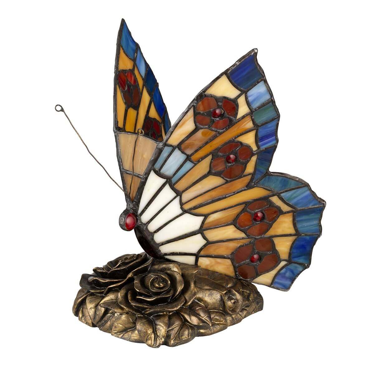 Vue de trois quarts arrière du papillon, aile relevée et base en bronze