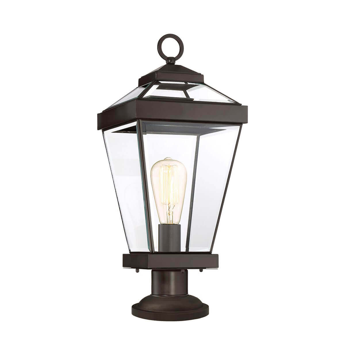Vue de face du lampadaire à poser, monture bronze et ampoule Edison apparente