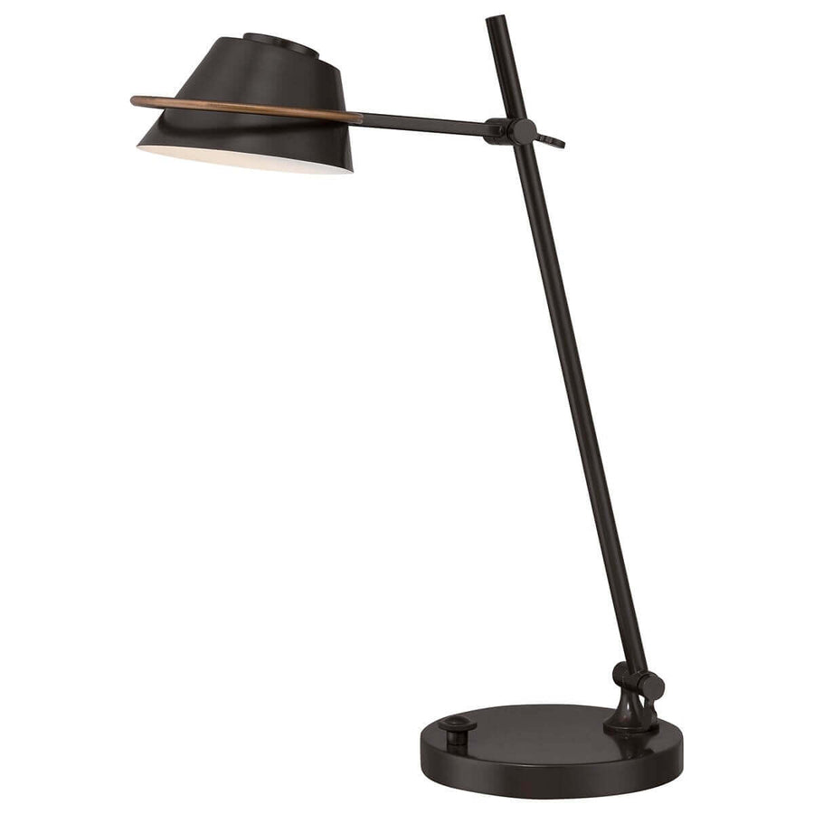 Lampe de bureau orientable, abat-jour conique noir et cercle décoratif en bois