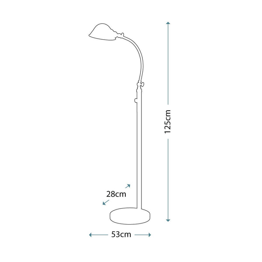 Schéma coté du lampadaire : hauteur 125 cm, base 28 cm et 53 cm.