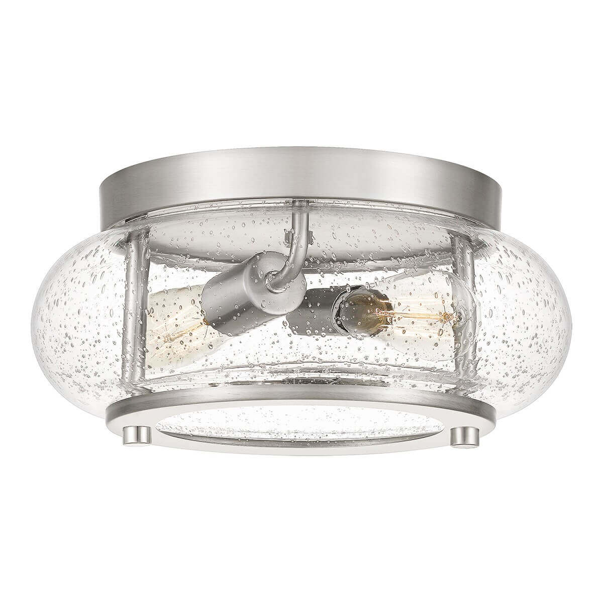 Plafonnier deux lumières vu de face, verre graine et base nickel satiné