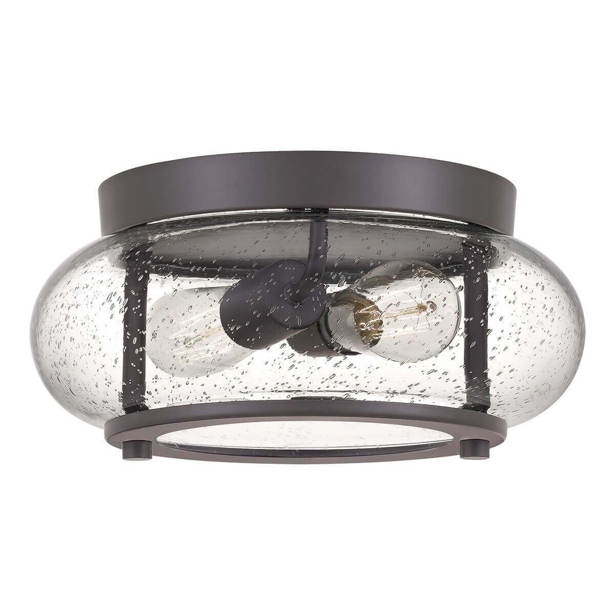 Plafonnier complet vu de face, verre clair moucheté et large monture métallique foncée