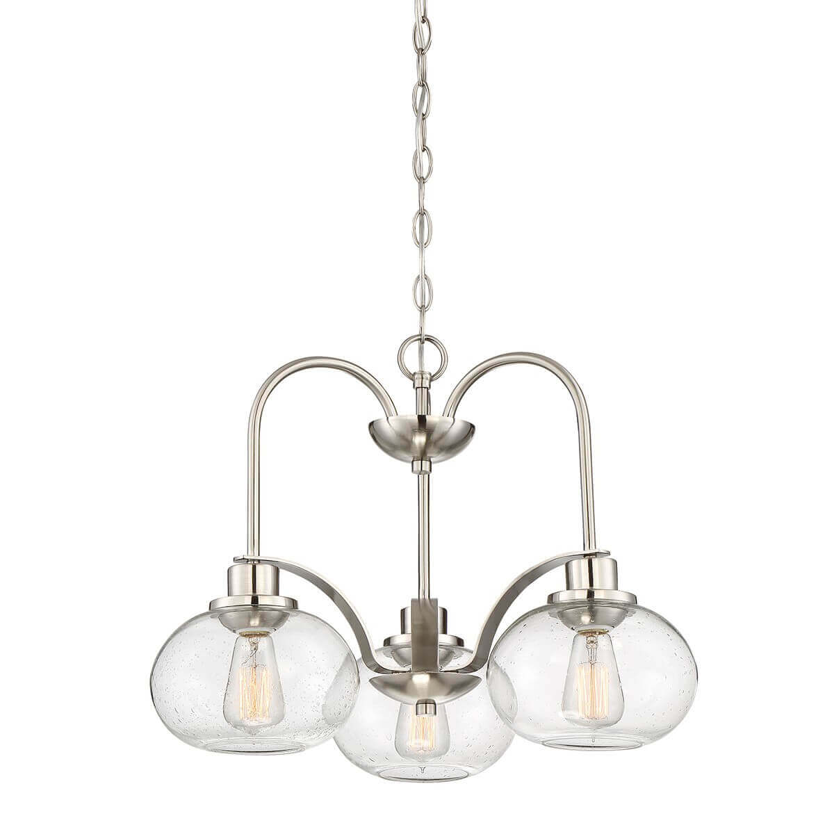 Lustre suspendu trois globes en verre clair sur chaîne nickel satiné, vue de face