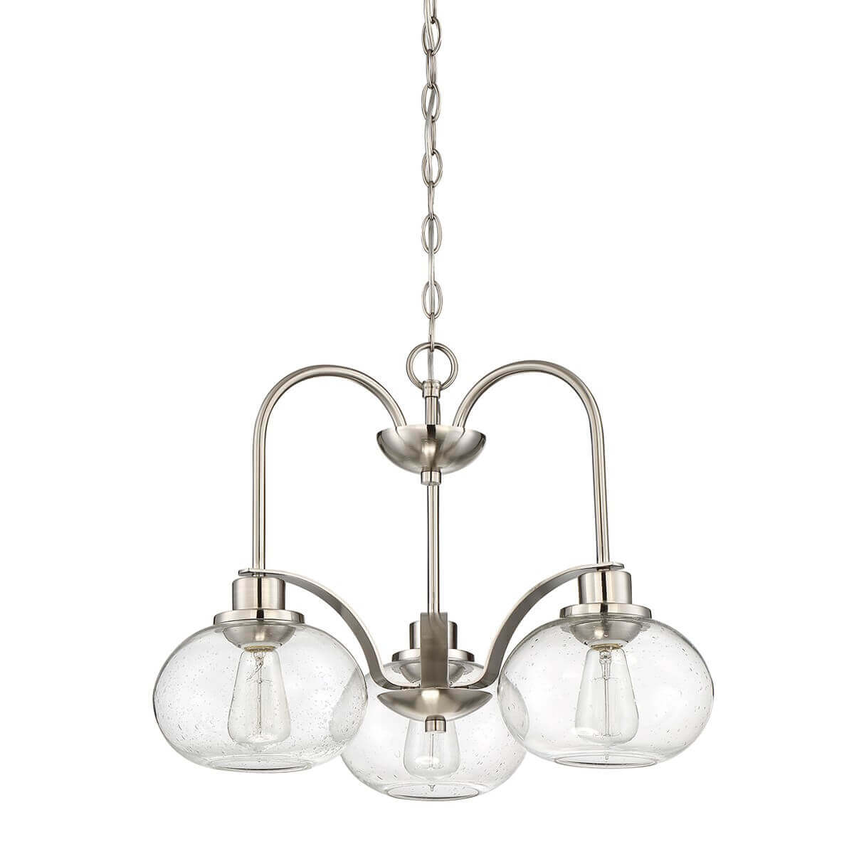 Vue de face du luminaire montrant les trois bras métalliques courbés et leurs globes