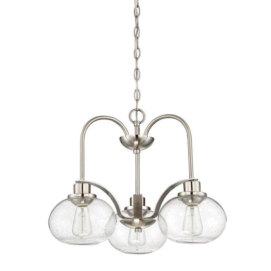 Vue de face du luminaire montrant les trois bras métalliques courbés et leurs globes