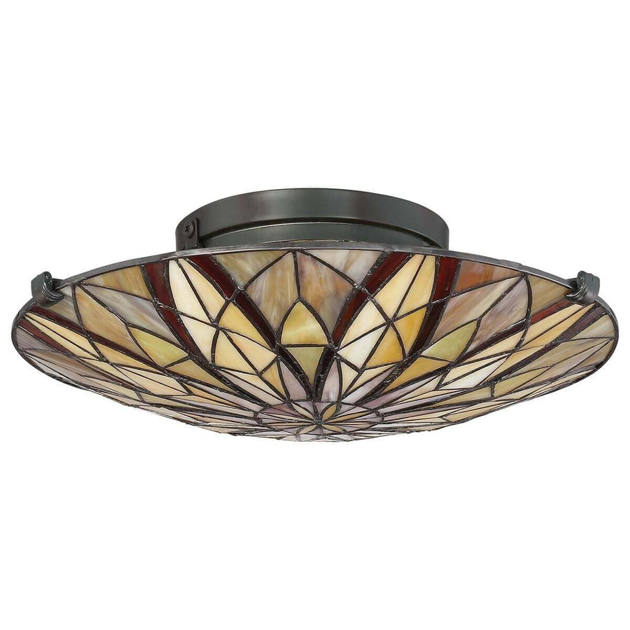 Vue rapprochée du plafonnier en bronze et verre Tiffany serti de plomb