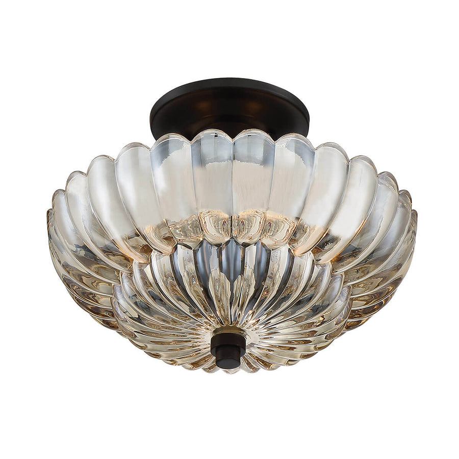 Angle rapproché du luminaire, verre transparent ambré et embase noire au plafond