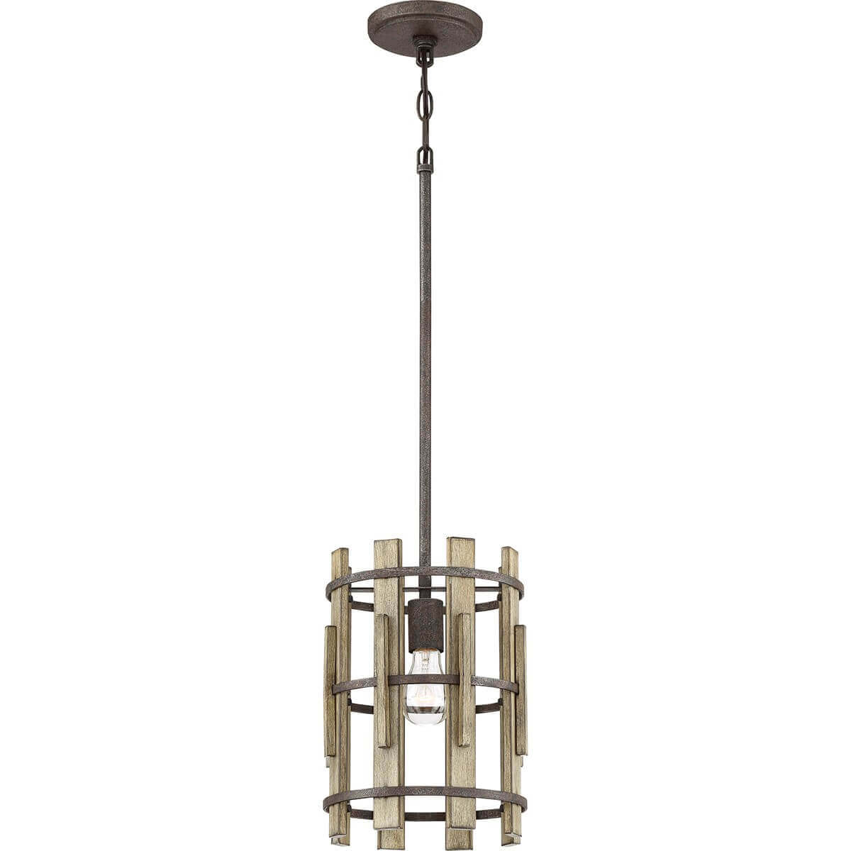 Suspension vue de face sur fond blanc, tige et cage cylindrique en bois clair