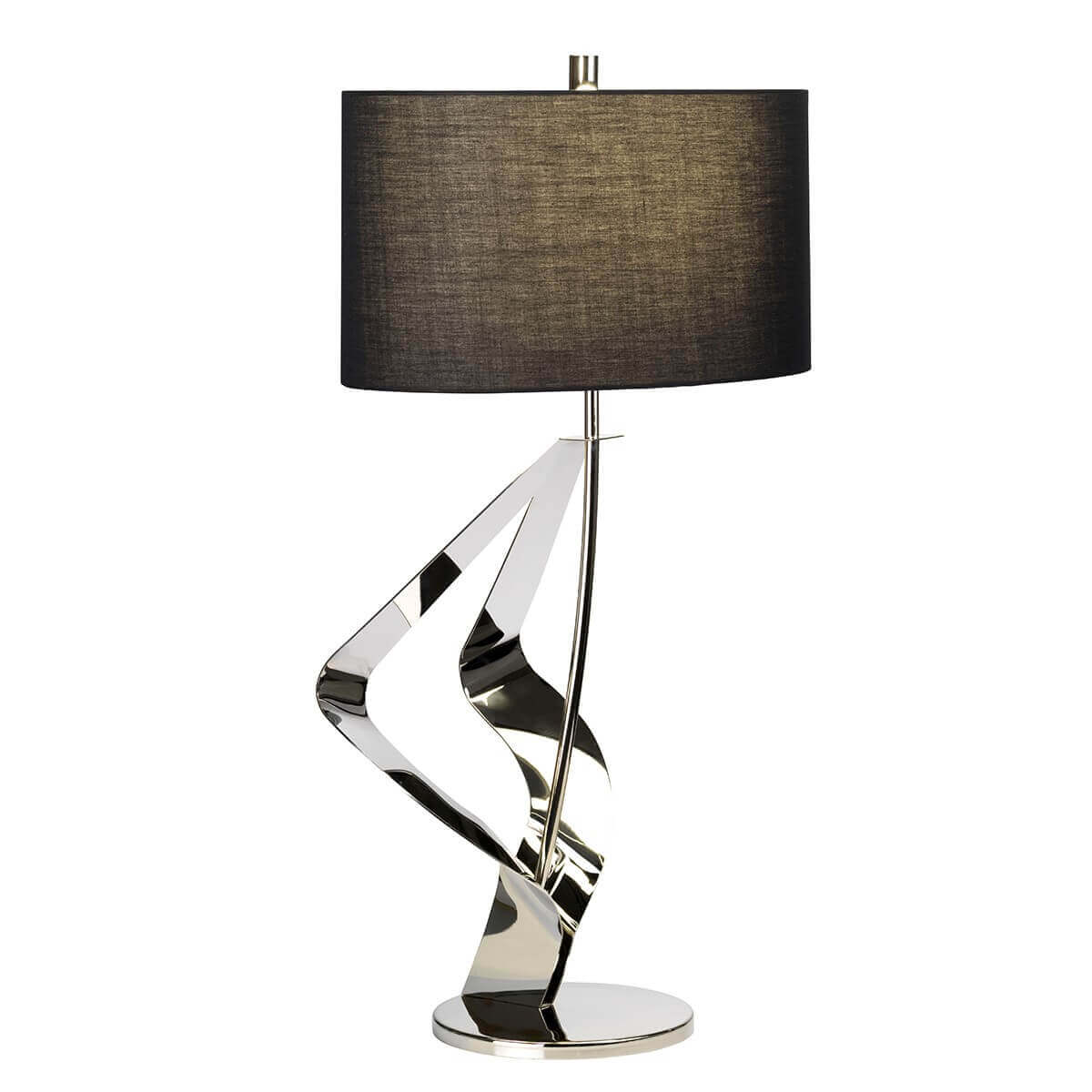 Lampe à poser vue de face, abat-jour sombre et pied métal nickel poli
