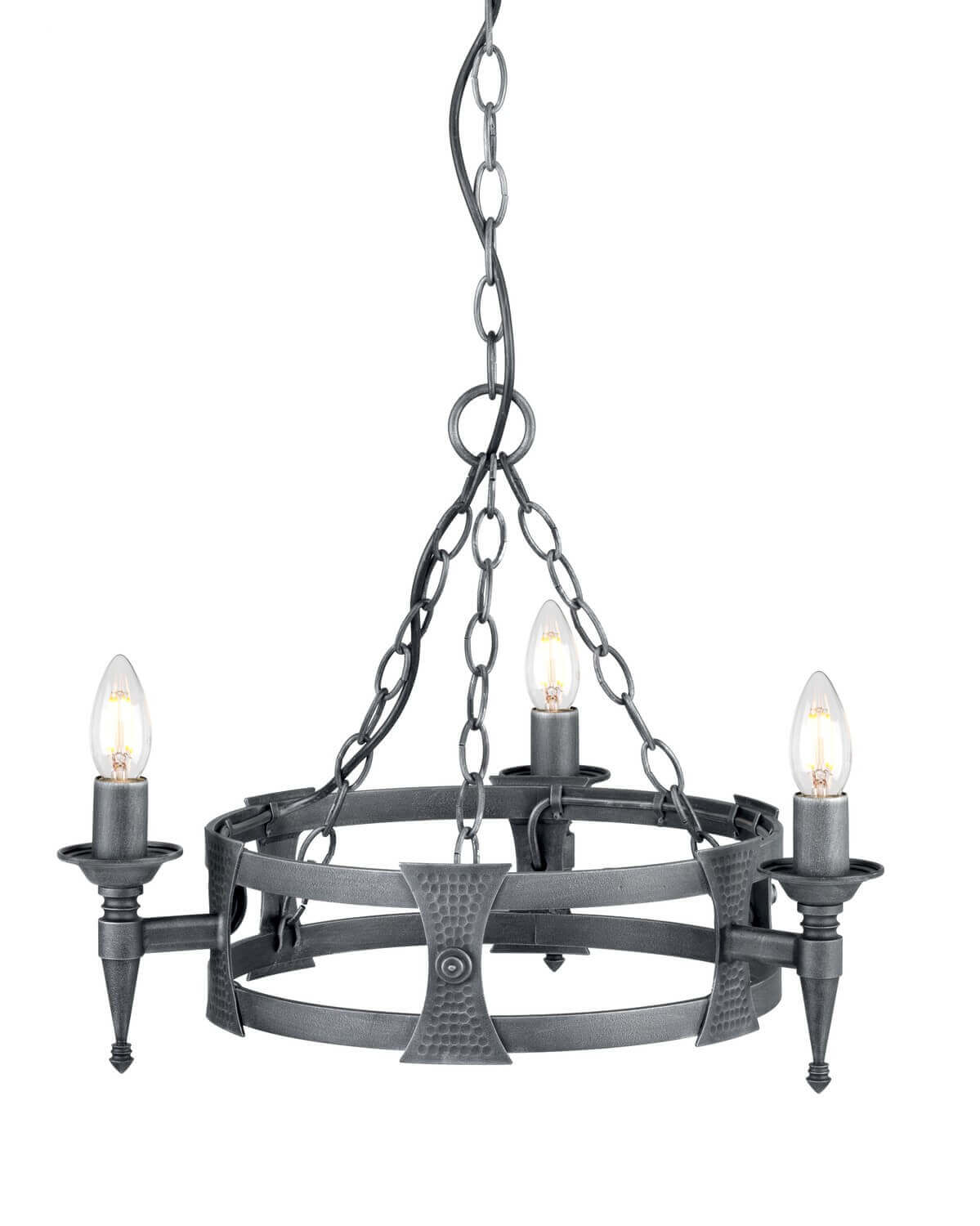 Lustre suspendu en métal noir et argenté avec trois lumières et chaîne.