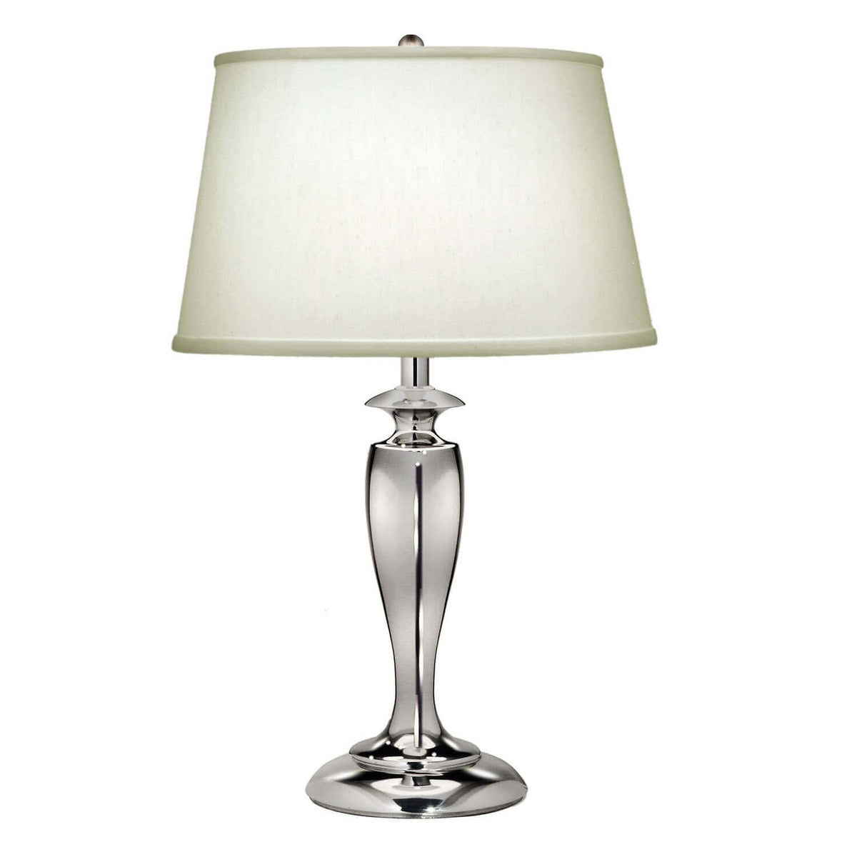 Lampe à poser de face, pied nickel poli et abat-jour conique en lin ivoire