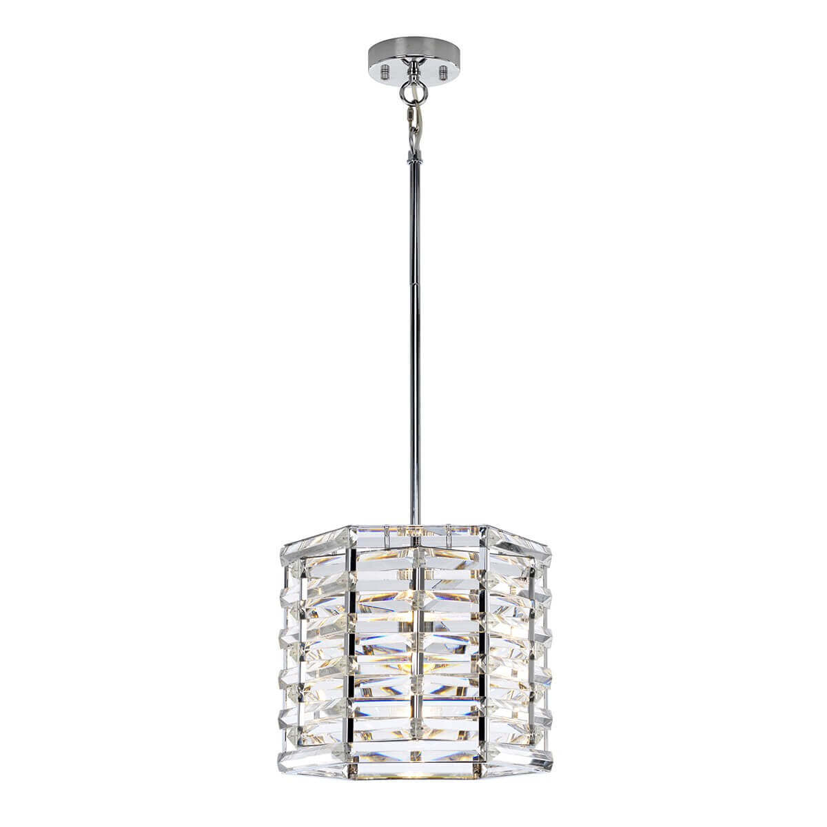 Suspension en nickel poli avec abat-jour cylindrique en cristal taillé, vue de face