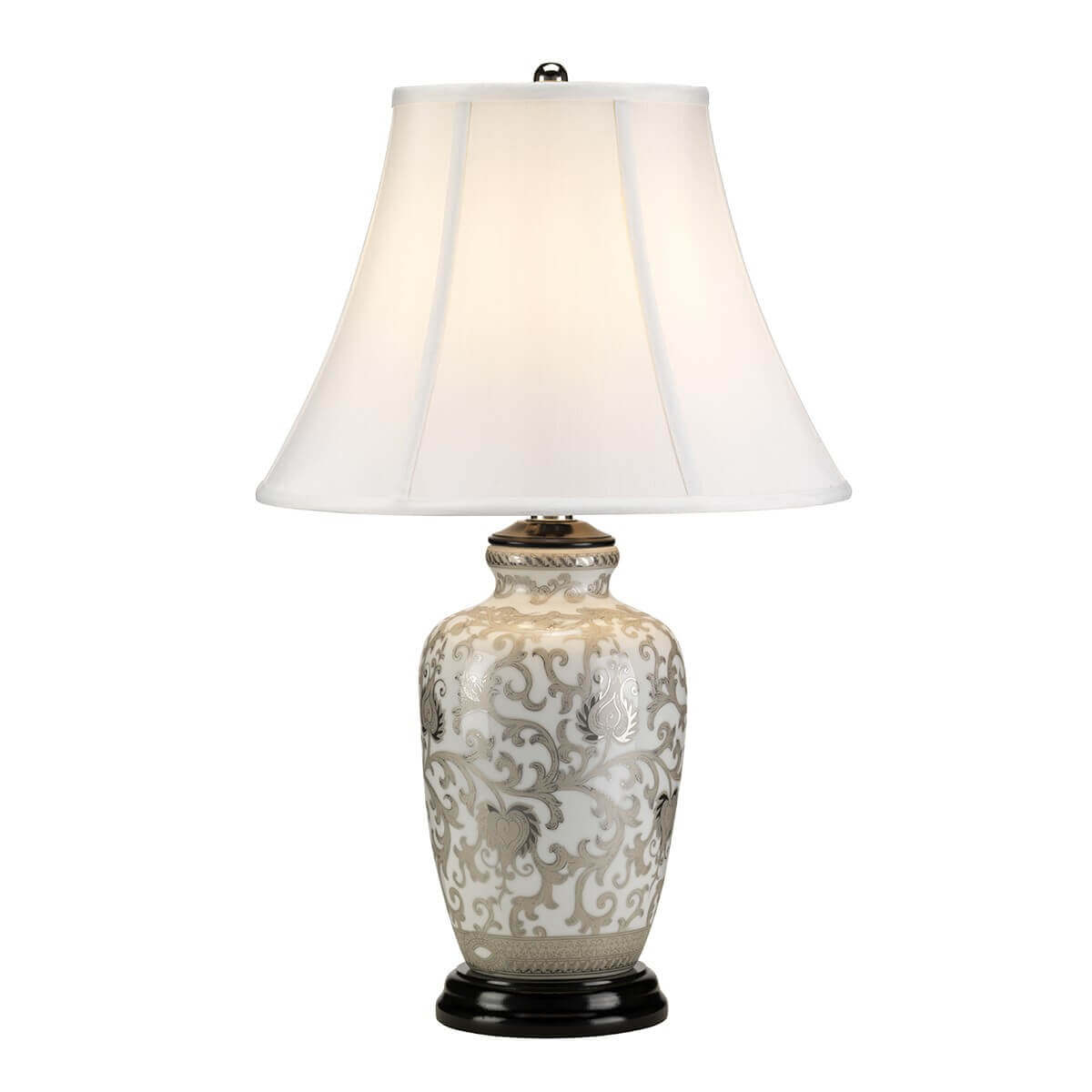 Lampe à poser complète, abat-jour blanc et base en porcelaine décorée argentée