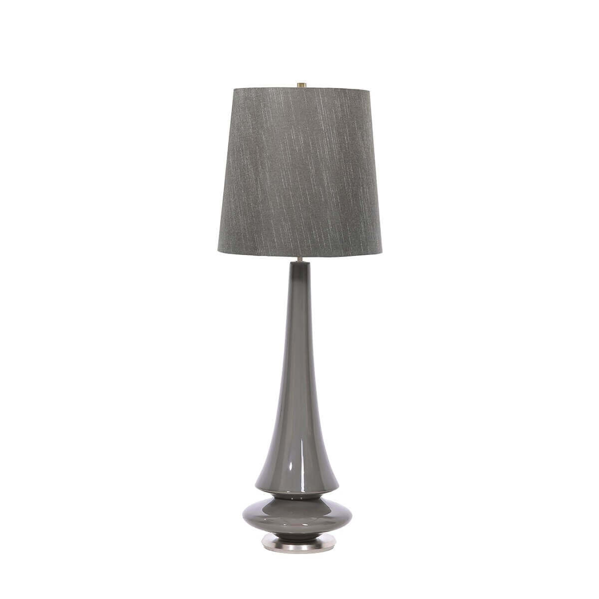 Lampe à poser grise en porcelaine avec abat-jour en tissu, vue de face