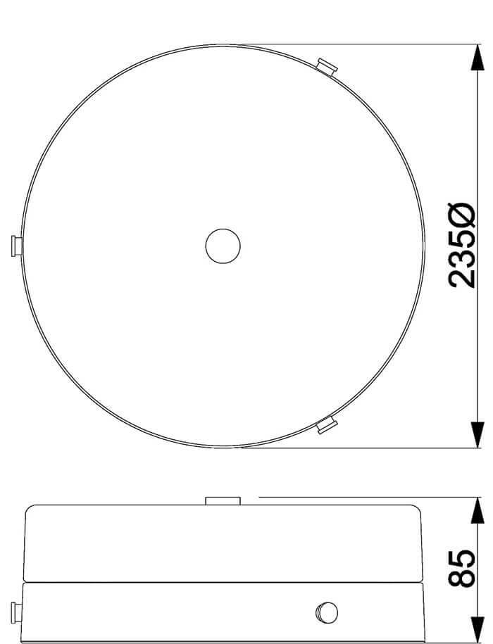 Schéma de dimensions du plafonnier avec diamètre 235 mm et hauteur 85 mm.