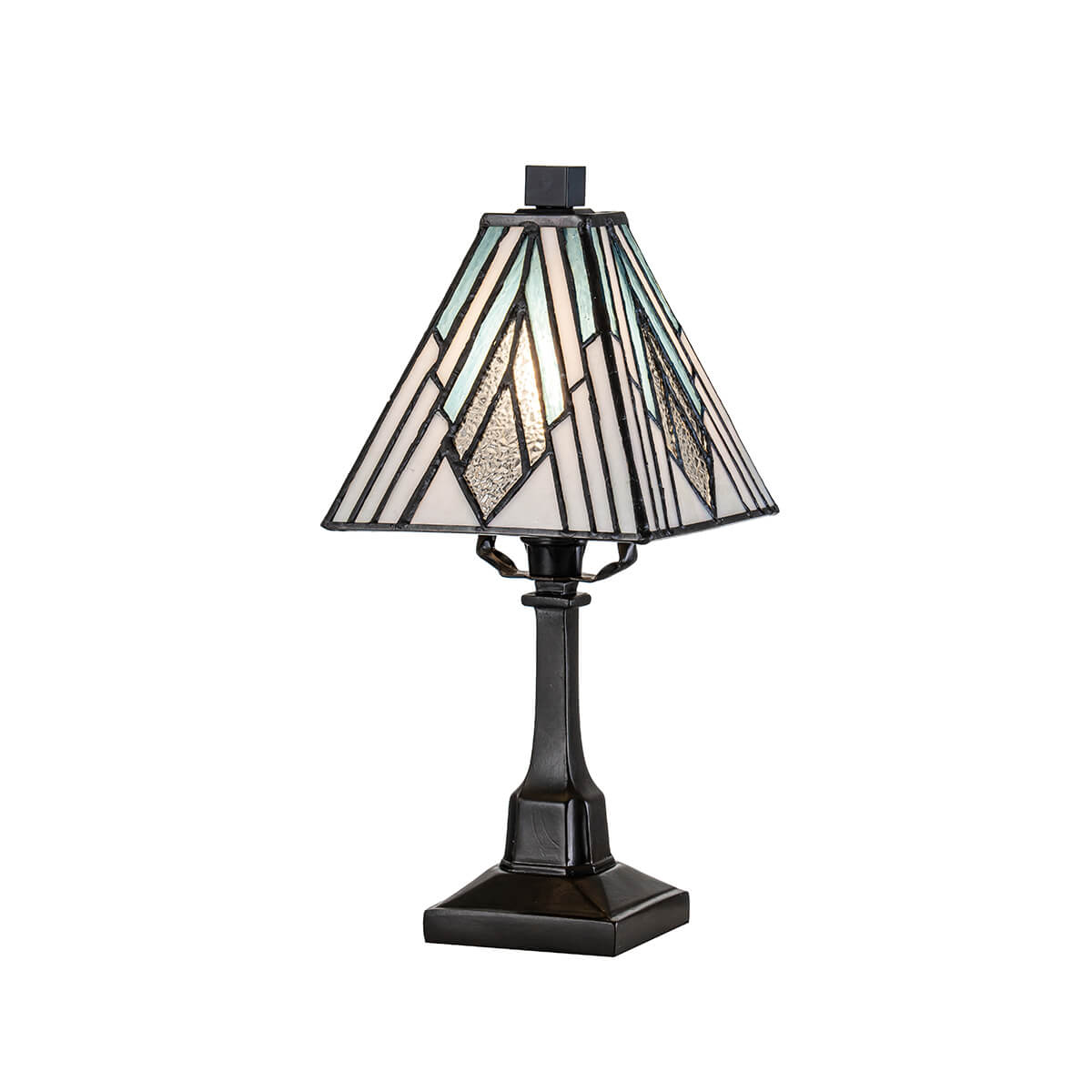 Lampe à poser de face, abat-jour en verre Tiffany et pied bronze foncé